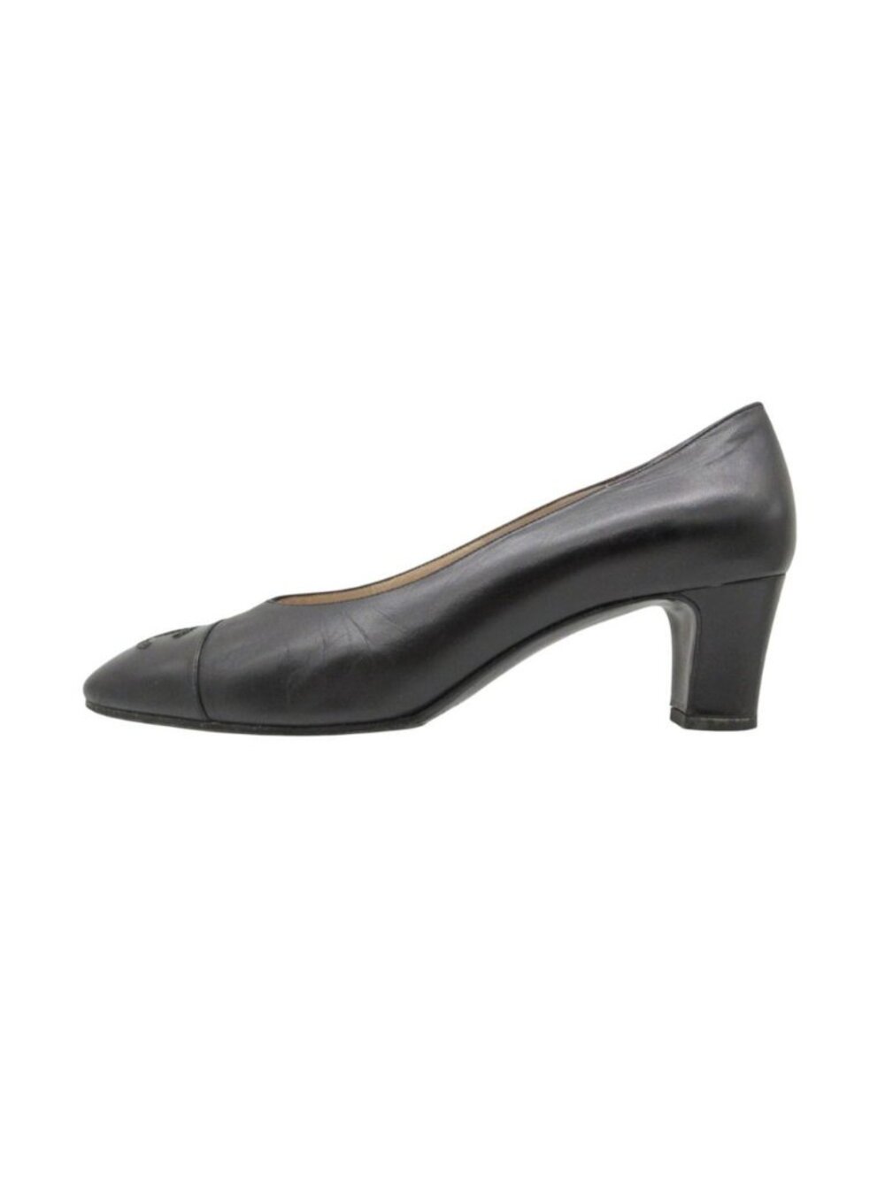 Chanel Pumps CC Logo Cap Toe Almond Toe Low Heels Black